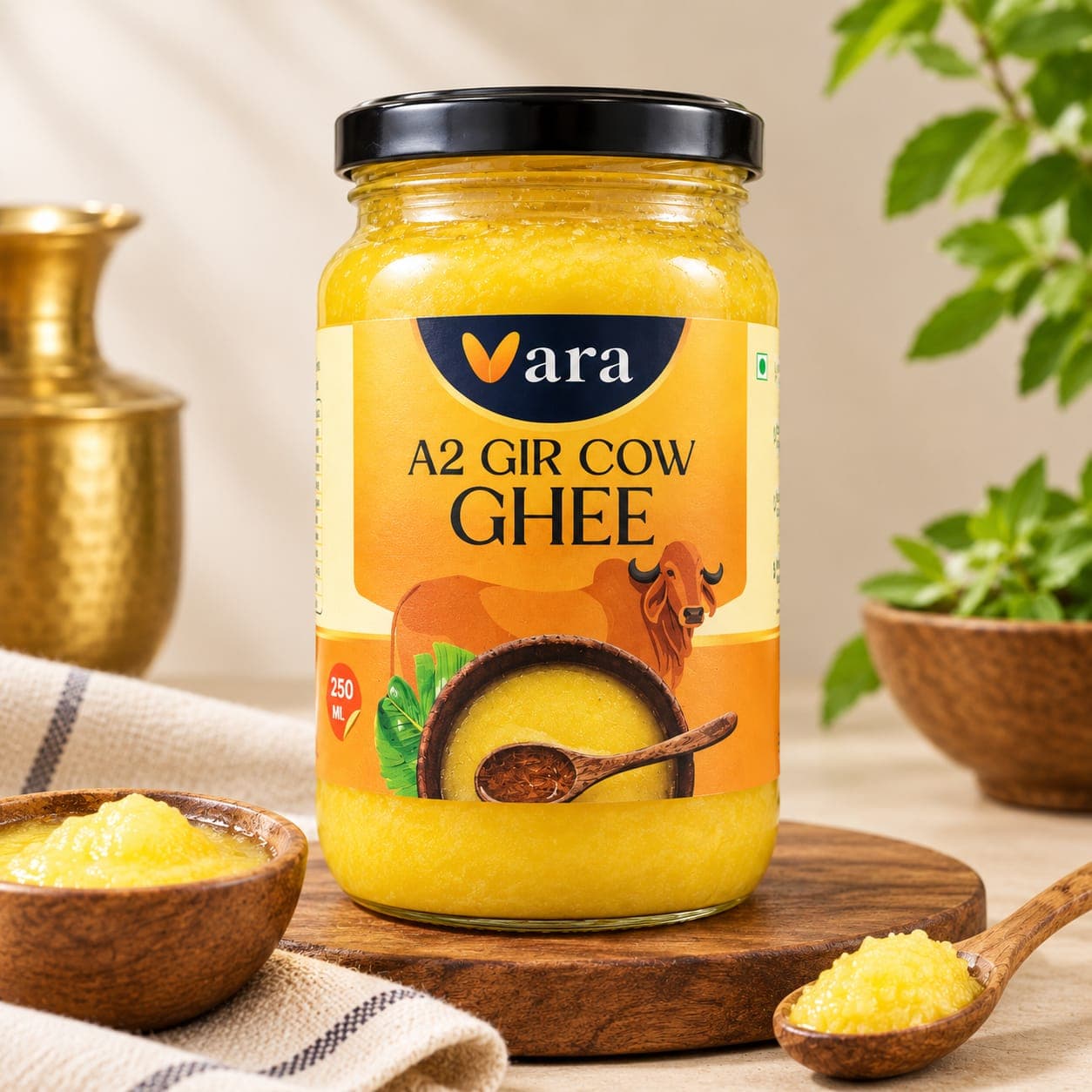 Vara A2 Gir Cow Ghee jar with a bowl and spoon of ghee